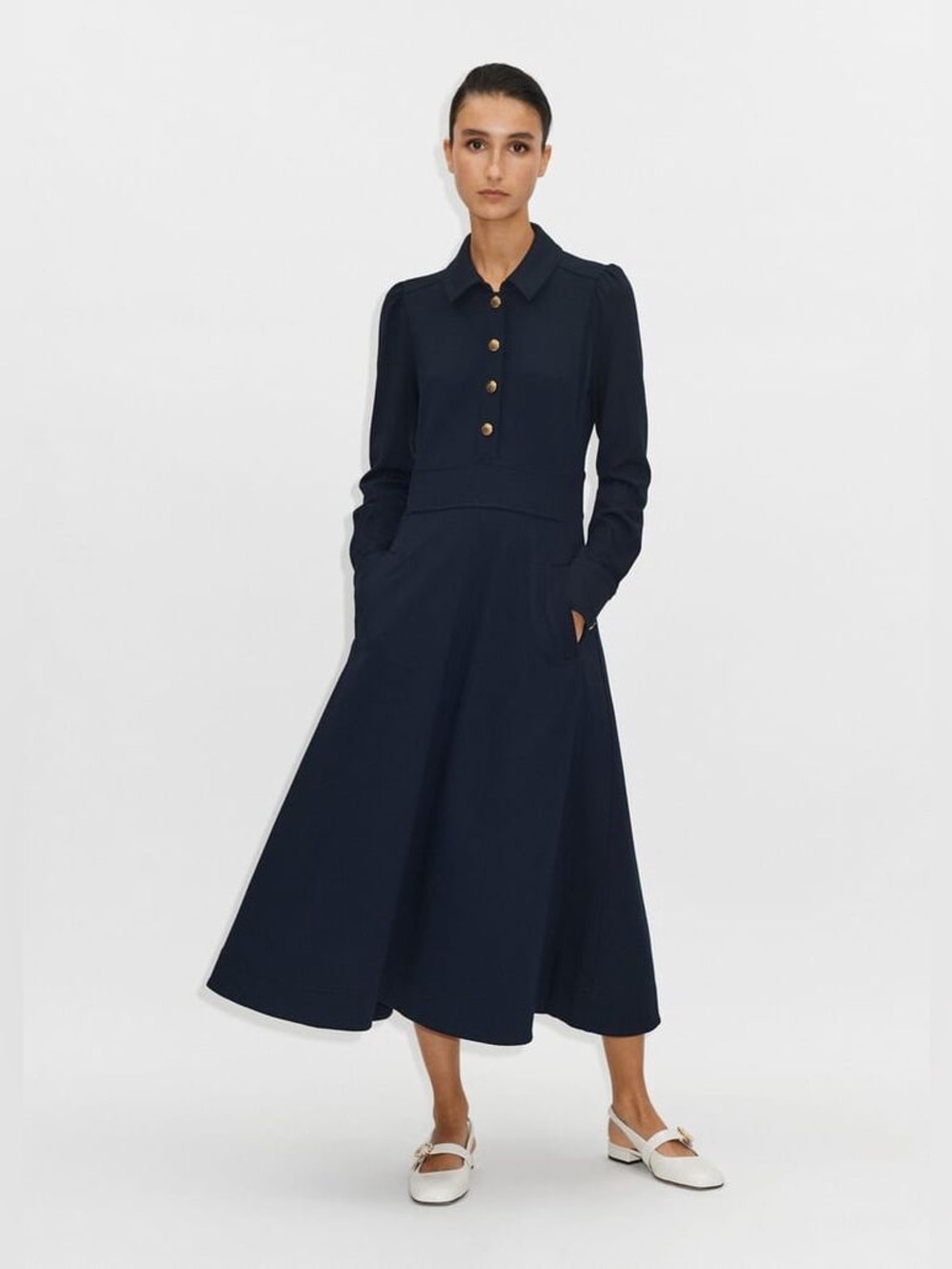 ME+EM Ponte Fit + Flare Midi Dress in Navy with Gold Buttons, Size US 12